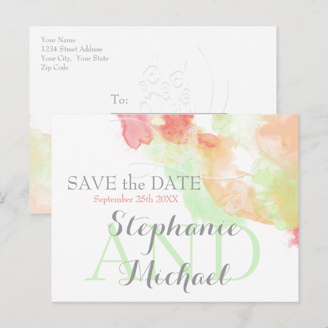 Watercolor Butterfly Rainbow Sherbet SavetheDate Announcement Postcard (Front/Back)