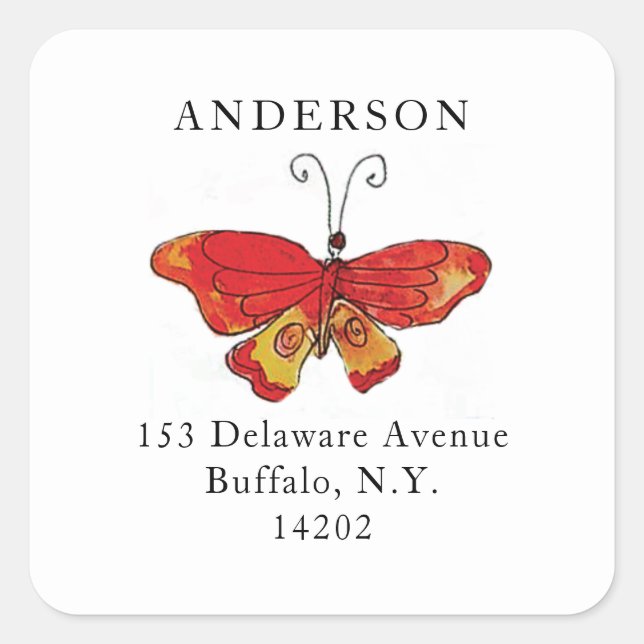 Watercolor Butterfly Red Hand-Drawn Nature Drawing Square Sticker (Front)