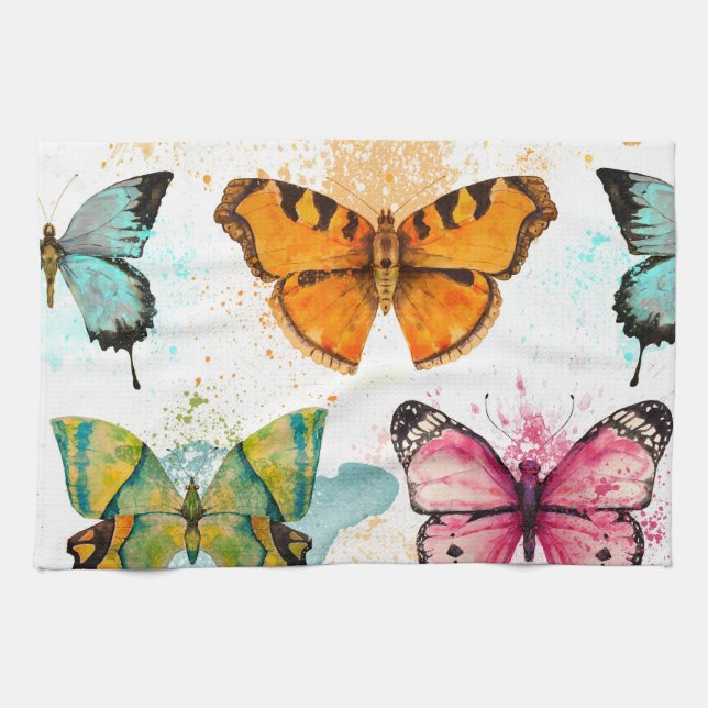 Watercolor Butterfly Seamless Delicate Pattern Kitchen Towel (Horizontal)