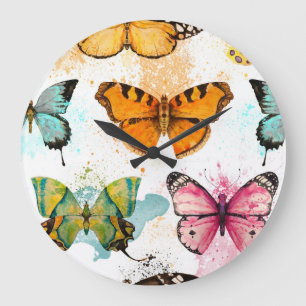 Watercolor Butterfly Seamless Delicate Pattern Large Clock