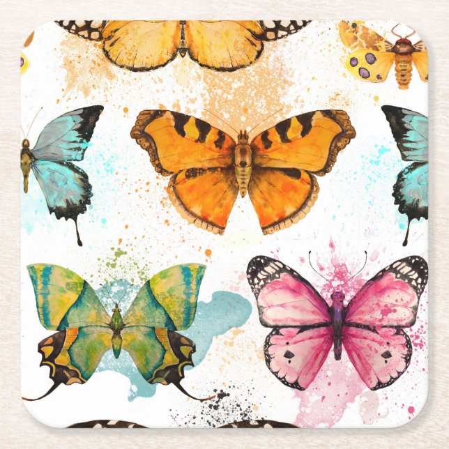 Watercolor Butterfly Seamless Delicate Pattern Square Paper Coaster (Front)
