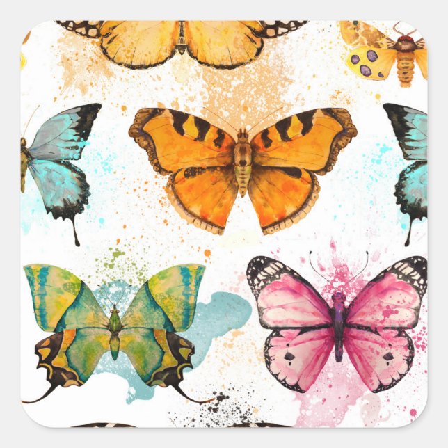 Watercolor Butterfly Seamless Delicate Pattern Square Sticker (Front)
