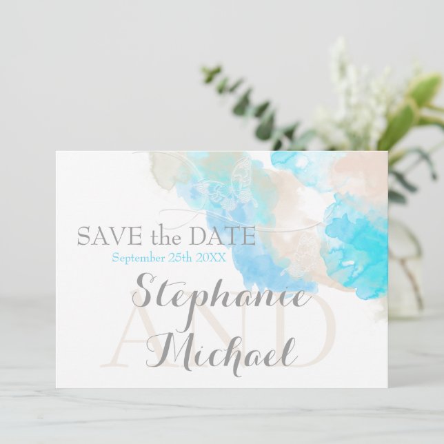 Watercolor Butterfly Teal Ivory Taupe Save The Date (Standing Front)