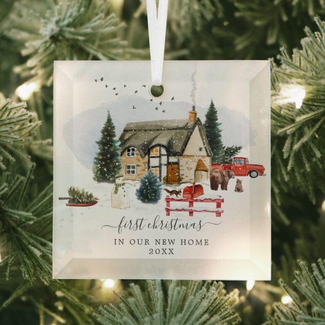 Watercolor Cabin | First Christmas New Home  Glass Ornament (Insitu)