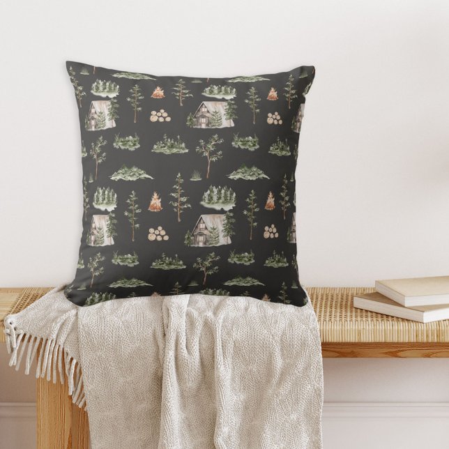 Watercolor Cabin Forest Seamless Pattern Outdoor Pillow (In situ)