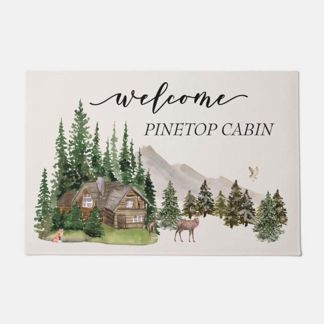 Watercolor Cabin House Home Family Forest Doormat (Front)