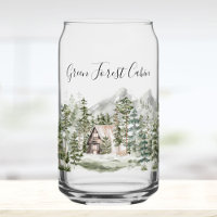 Watercolor Cabin in The Green Pine Forest Woodland