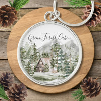 Watercolor Cabin in The Green Pine Forest Woodland