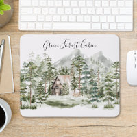 Watercolor Cabin in The Green Pine Forest Woodland