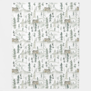 Watercolor Cabin in the Woods Pattern Fleece Blanket