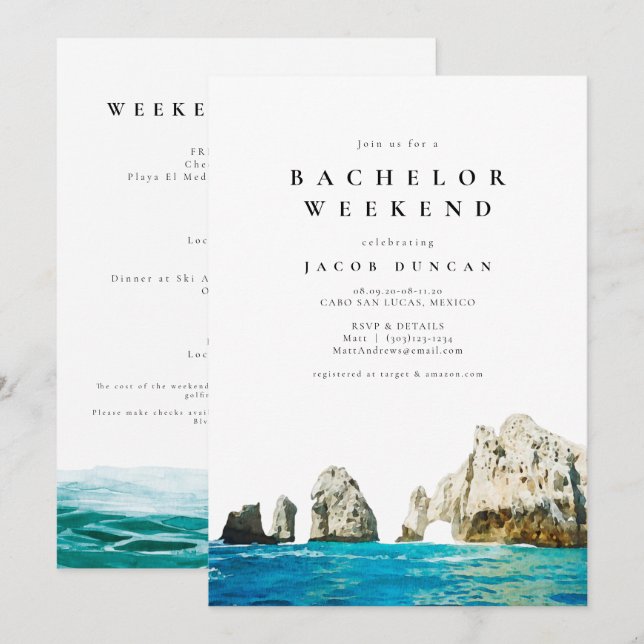 Watercolor Cabo San Lucas Mexico Tropical Bachelor Invitation (Front/Back)