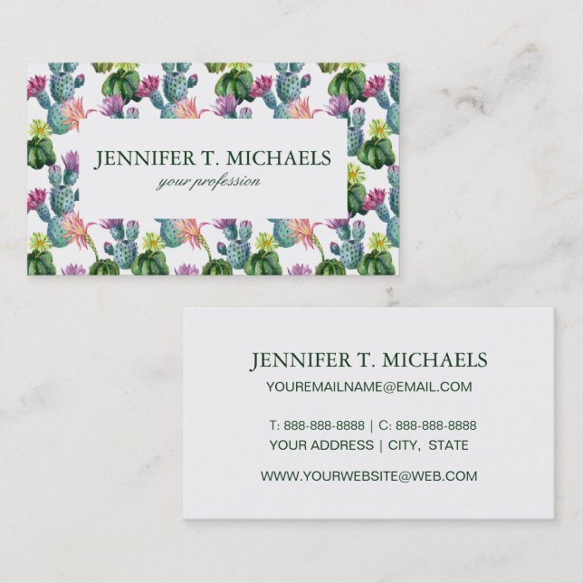 Watercolor Cacti Art Pattern Business Card (Front/Back)