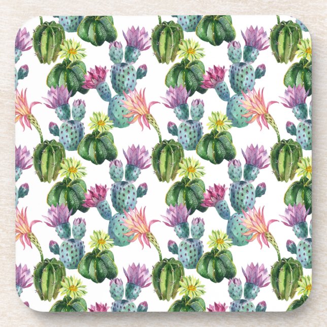 Watercolor Cacti Art Pattern Coaster (Front)