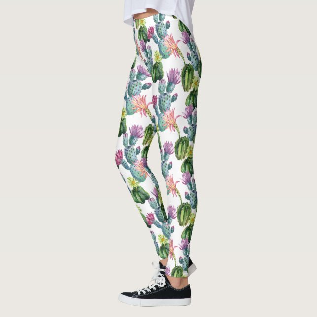 Watercolor Cacti Art Pattern Leggings (Left)