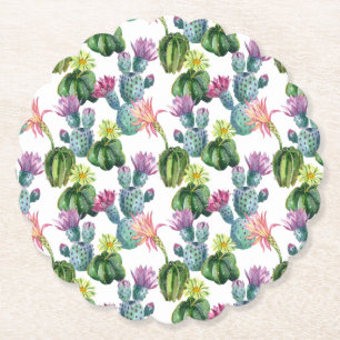 Watercolor Cacti Art Pattern Paper Coaster