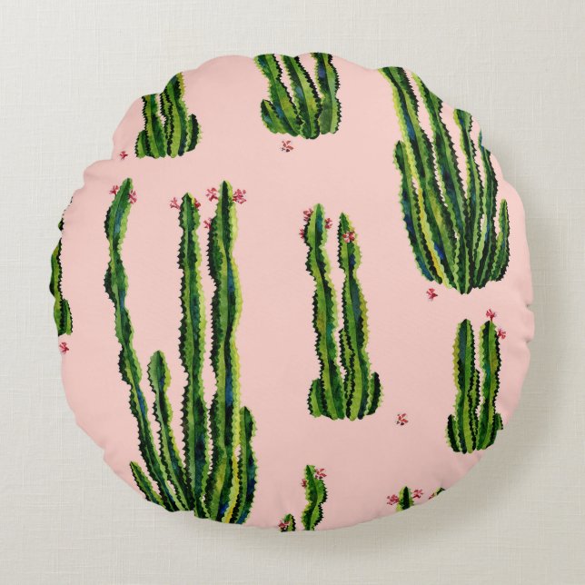 Watercolor Cacti: Blossoming Seamless Pattern Round Pillow (Front)