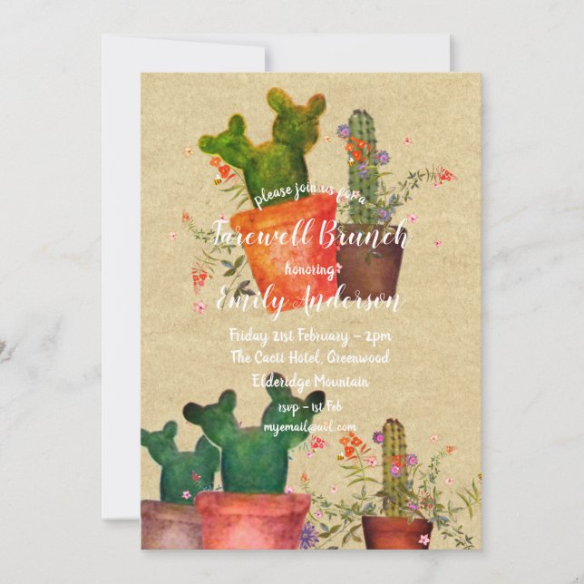 Watercolor CACTI Farewell Party Invitations rustiq (Devant)