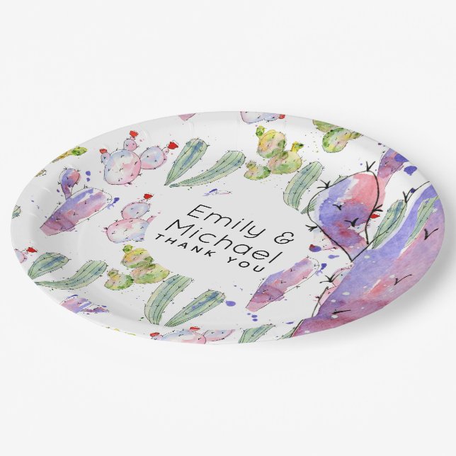 Watercolor Cacti Fiesta Personalized Paper Plate (Angled)