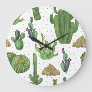 Watercolor cacti, seamless natural pattern. large clock