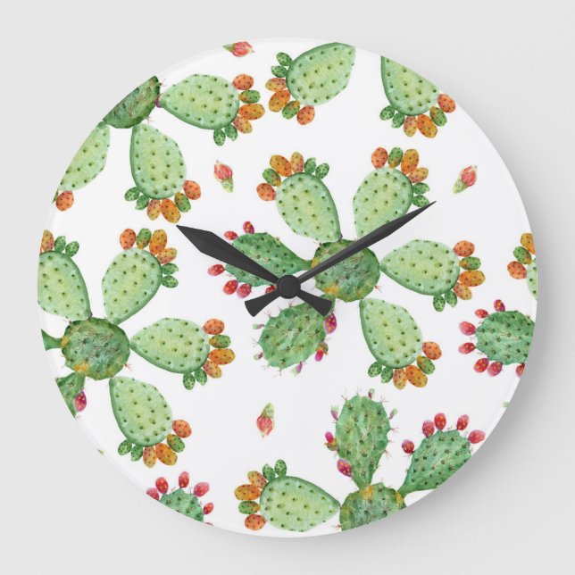 Watercolor Cacti: Tropical Garden Pattern. Large Clock (Front)