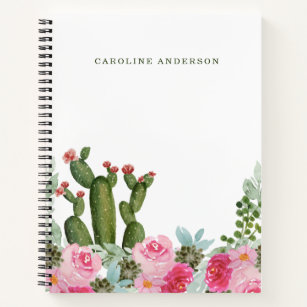 Watercolor Cactus and Pink Flowers Personalized  Notebook