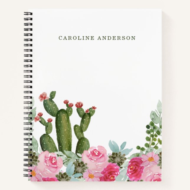 Watercolor Cactus and Pink Flowers Personalized  Notebook (Front)