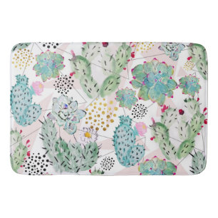 watercolor cactus and triangles pattern bath mat