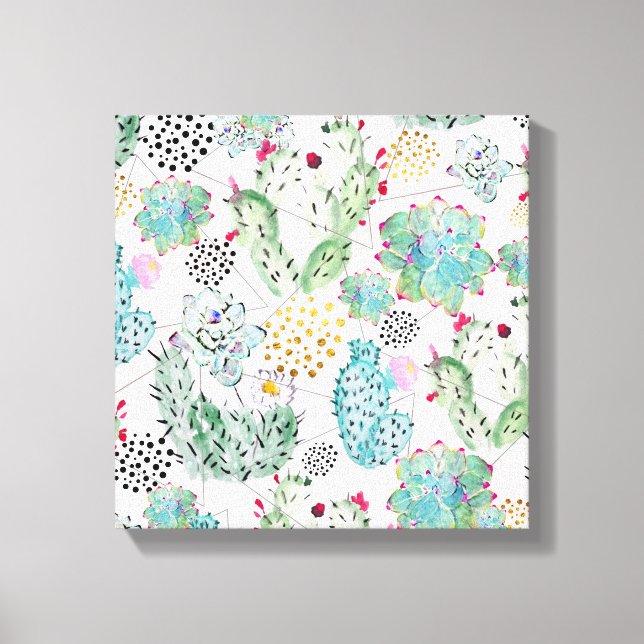 watercolor cactus and triangles pattern canvas print (Front)