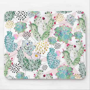 watercolor cactus and triangles pattern mouse pad