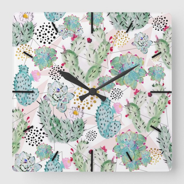 watercolor cactus and triangles pattern square wall clock (Front)