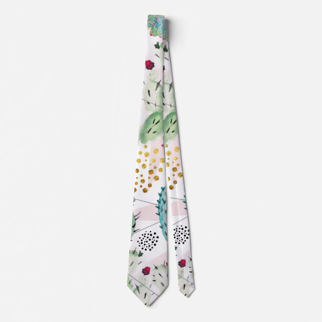 watercolor cactus and triangles pattern tie (Front)