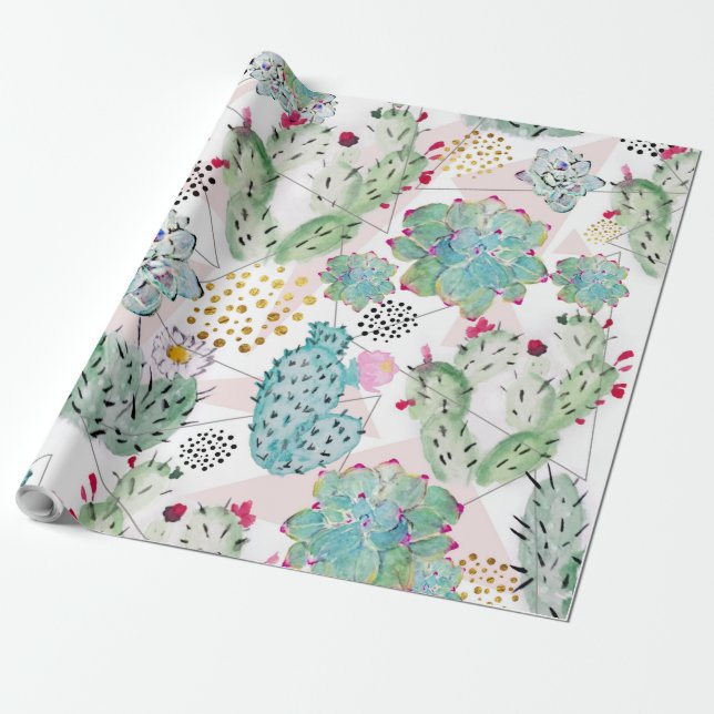 watercolor cactus and triangles pattern wrapping paper (Unrolled)
