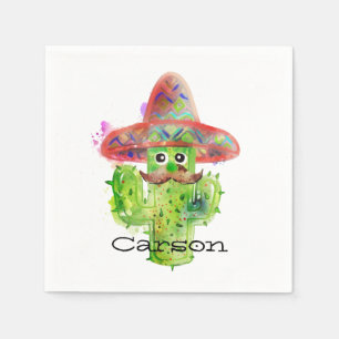 Watercolor Cactus Art Moustache Sombrero Eyes NAME Napkin