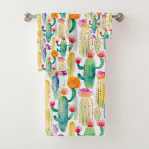 Watercolor Cactus Art Pattern Desert Colourful Fun Bath Towel Set