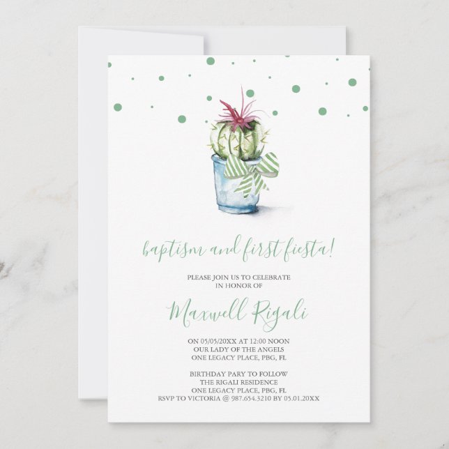Watercolor Cactus Baptism and First Birthday Card (Front)