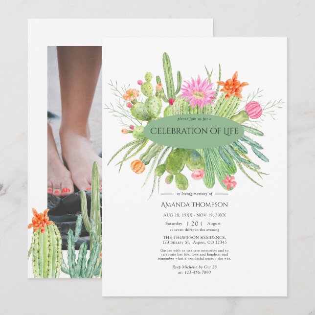 Watercolor Cactus Celebration of Life Photo Invitation (Front/Back)