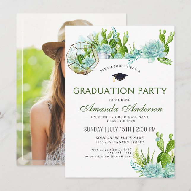 Watercolor Cactus Eucalyptus PHOTO Graduation Invitation (Front/Back)