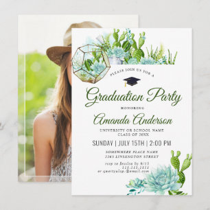 Watercolor Cactus Eucalyptus PHOTO Graduation Invitation