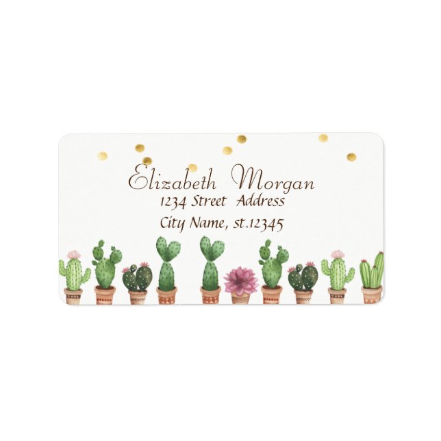 Watercolor Cactus,Faux Gold Foil Confetti Label (Front)