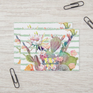 Watercolor cactus, floral and stripes design business card