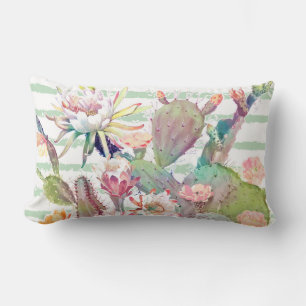 Watercolor cactus, floral and stripes design lumbar pillow