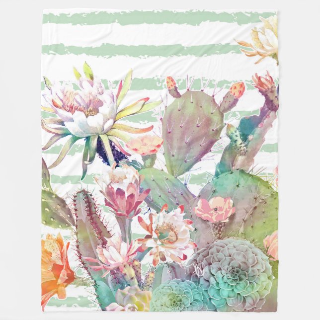 Watercolor Cactus Floral Stripes Design Fleece Blanket (Front)
