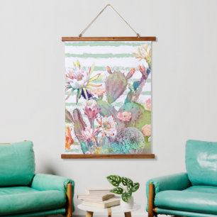 Watercolor Cactus Floral Stripes Design Hanging Tapestry