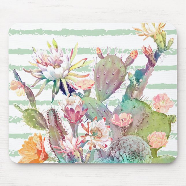 Watercolor Cactus Floral Stripes Design Mouse Pad (Front)