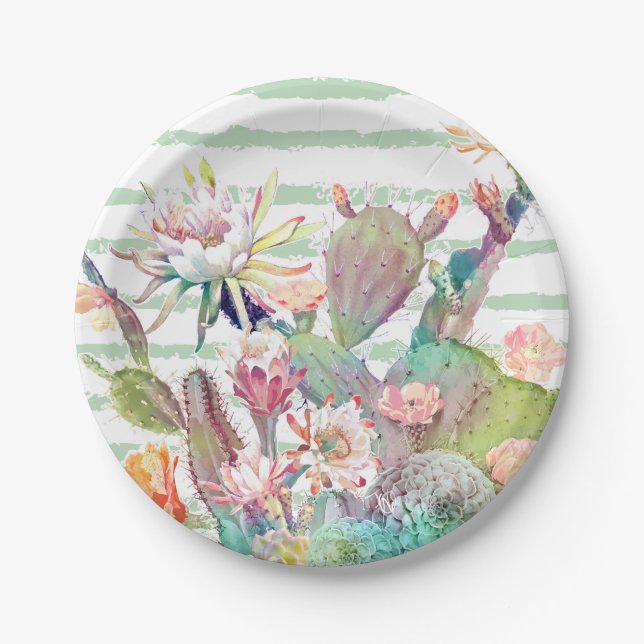 Watercolor Cactus Floral Stripes Design Paper Plate (Front)