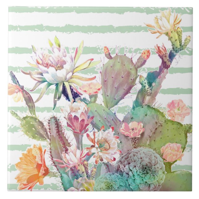 Watercolor Cactus Floral Stripes Design Tile (Front)