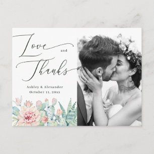 Watercolor Cactus Floral Wedding Photo Thank You Postcard