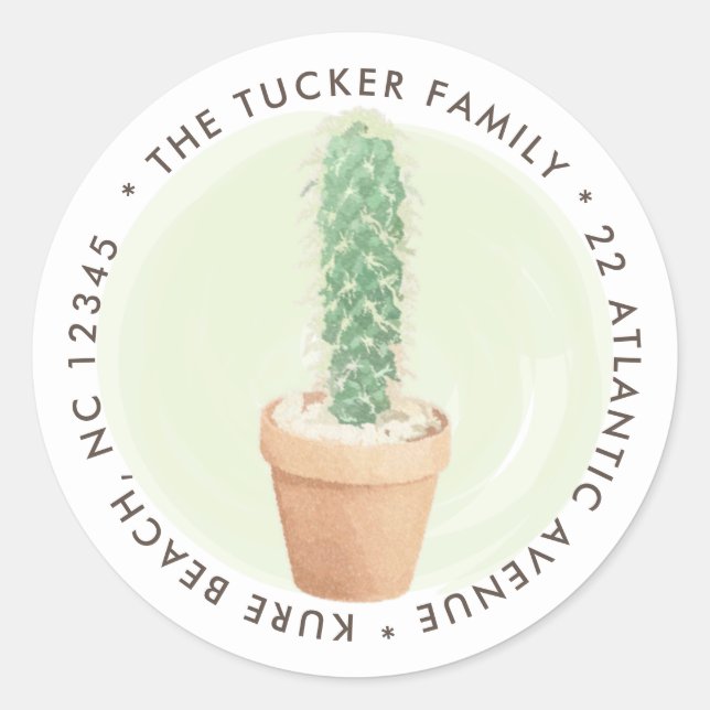 Watercolor Cactus Flower Pot Round Address Label (Front)
