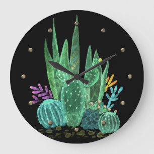 Watercolor, cactus, flowers large clock