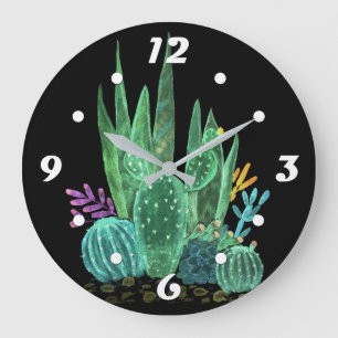 Watercolor, cactus, flowers large clock